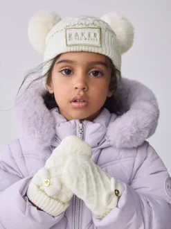 Crème - Baker By Ted Baker Ensemble chapeau et moufles à double pompon pour fille