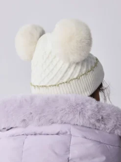 Crème - Baker By Ted Baker Ensemble chapeau et moufles à double pompon pour fille