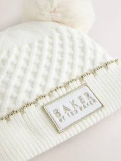 Crème - Baker By Ted Baker Ensemble chapeau et moufles à double pompon pour fille
