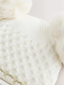 Crème - Baker By Ted Baker Ensemble chapeau et moufles à double pompon pour fille