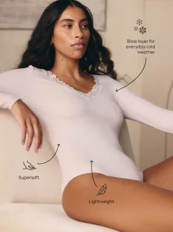 Crème - Body à bordure en dentelle avec couche de base thermique