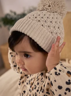 Crème - Chapeau Bébé Pom Gaufré tricoté