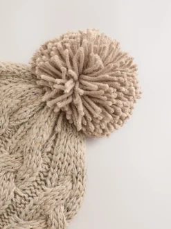 Crème - Chapeau pompon en tricot torsadé (1-16ans)