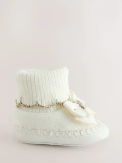 Crème - Chaussons en maille à bord festonné pour Bébé fille avec nœud