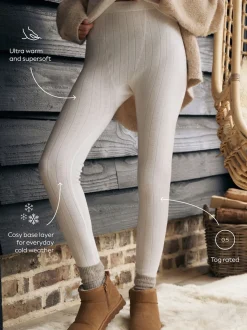 Crème - Leggings en maille pointelle douillette haute taille thermique