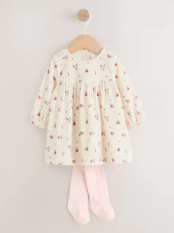 Crème à petites fleurs - Ensemble robe et collants en velours à manches longues bébé 2 pièces (0mois-2ans)