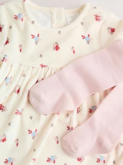 Crème à petites fleurs - Ensemble robe et collants en velours à manches longues bébé 2 pièces (0mois-2ans)