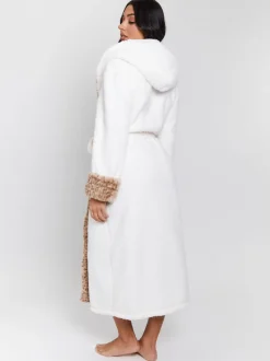 Crème - Robe de chambre mi-longue Loungeable bordée de fausse fourrure imprimé léopard
