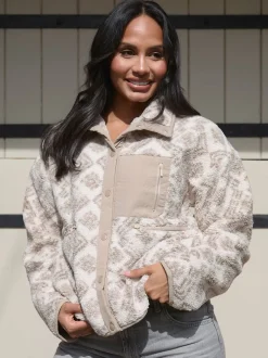 Crème - South Beach Imprimé Veste zippée en borg surdimensionnée avec poche