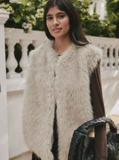 Crème - Veste sans manches en fausse fourrure