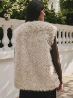 Crème - Veste sans manches en fausse fourrure