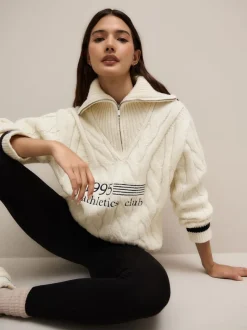 Crème écru - Pull graphique à col zippé en câble 1995