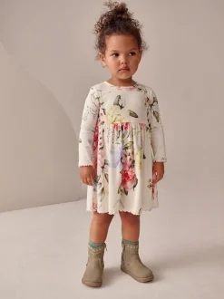 Crème fleuri - Robe côtelée à manches longues (3mois-7ans)