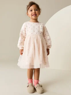 Crème motif lapin - Robe sweat à jupe en maille (3mois7ans)