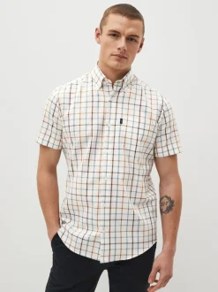 Crème/bleu à carreaux Tattersall - Chemise Oxford Easy Iron boutonnée à manches courtes