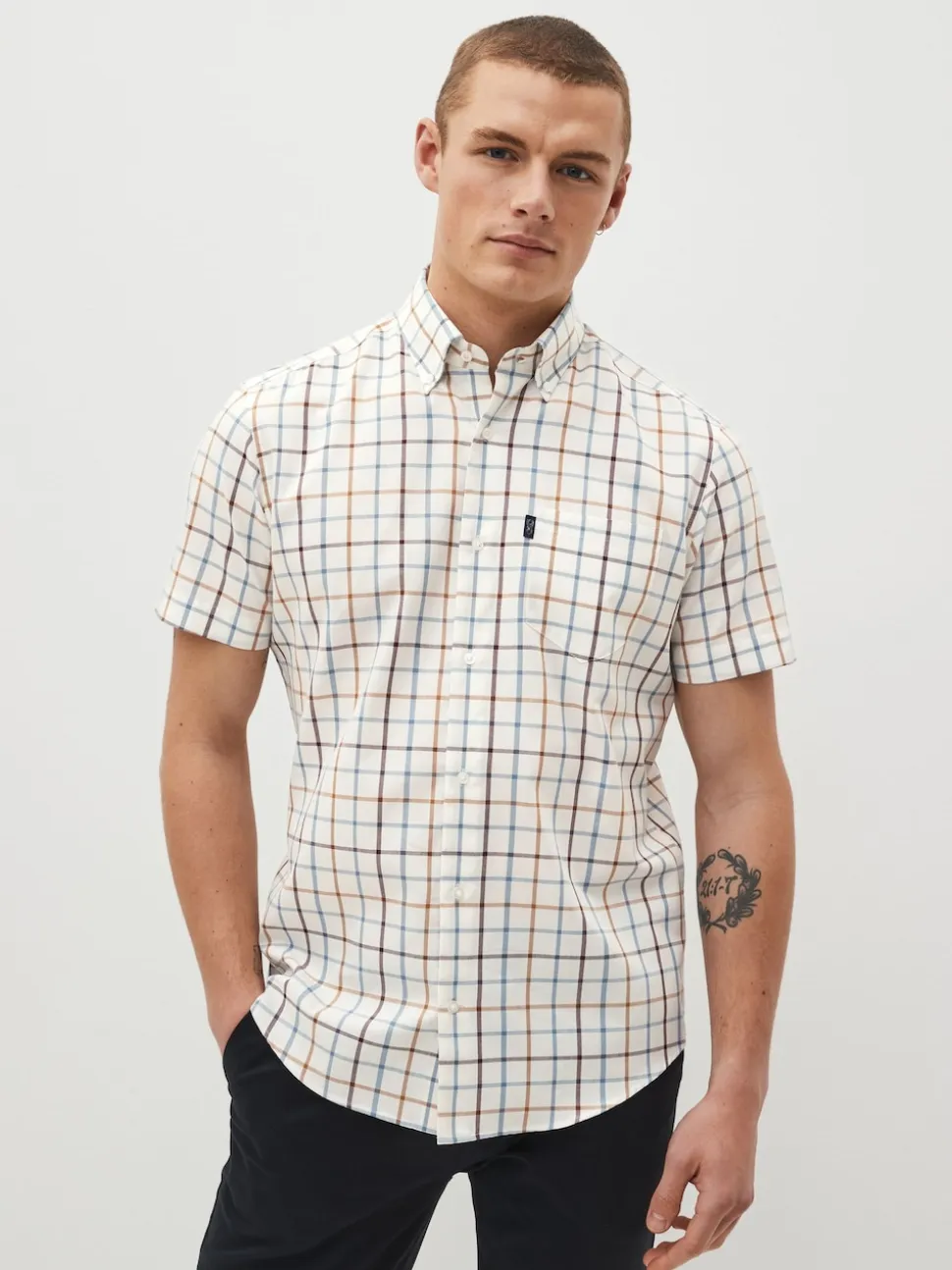 Crème/bleu à carreaux Tattersall - Chemise Oxford Easy Iron boutonnée à manches courtes