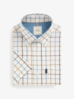 Crème/bleu à carreaux Tattersall - Chemise Oxford Easy Iron boutonnée à manches courtes