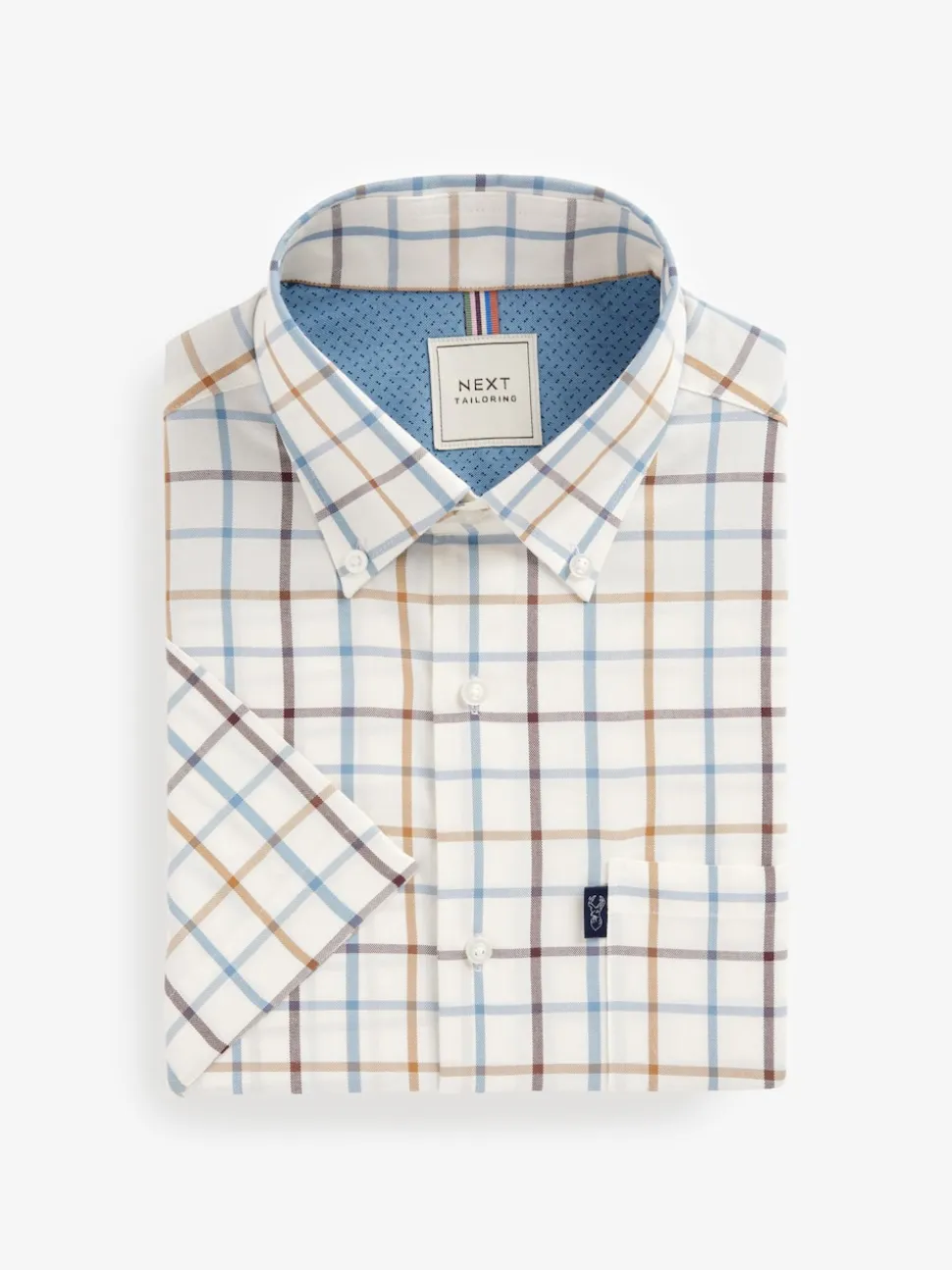 Crème/bleu à carreaux Tattersall - Chemise Oxford Easy Iron boutonnée à manches courtes