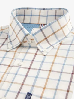 Crème/bleu à carreaux Tattersall - Chemise Oxford Easy Iron boutonnée à manches courtes