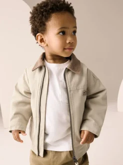 Crème/Marron - Blouson bomber en toile à col en velours côtelé (3mois -7ans)