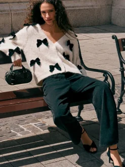 écru - Cardigan à nœud en velours tricoté avec laine