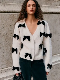 écru - Cardigan à nœud en velours tricoté avec laine