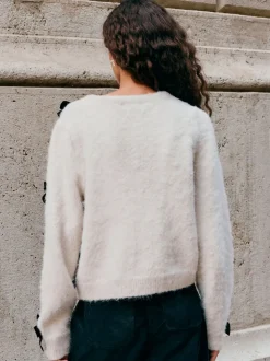 écru - Cardigan à nœud en velours tricoté avec laine