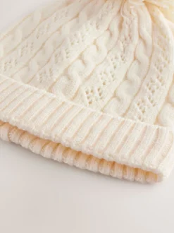 écru - Chapeau à pompons en maille torsadée pointelle (0mois-2ans)