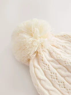 écru - Chapeau à pompons en maille torsadée pointelle (0mois-2ans)