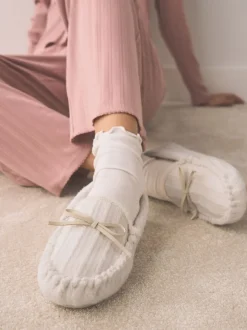 écru - Chaussons mocassins en maille Torsade