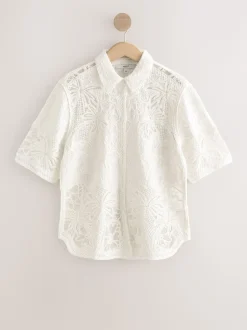 écru - Chemise à manches courtes au crochet