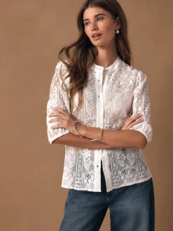 écru - Chemisier à manches mi-longues en dentelle