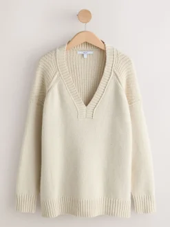 écru - Pull long à col en V en coton et laine mélangés