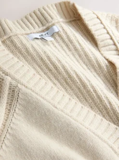 écru - Pull long à col en V en coton et laine mélangés