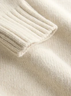 écru - Pull long à col en V en coton et laine mélangés