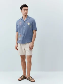 écru - Short texturé à rayures et taille élastique