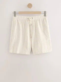 écru - Short texturé à rayures et taille élastique