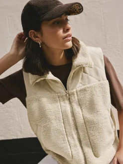 écru - Veste zippée en velours côtelé en mélange de borg