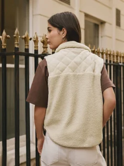 écru - Veste zippée en velours côtelé en mélange de borg