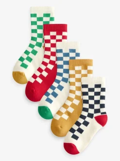 Écru Bright Checkerboard - Chaussettes en coton éponge riche 5 Lot