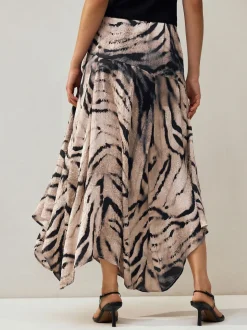 Écru imprimé zèbre - Jupe mi-longue asymétrique en satin effet froissé