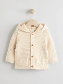 Écru moucheté - Bébé à capuche en tricot Cardigan