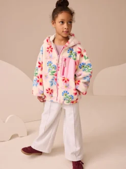 Écru/rose à fleurs - Veste en polaire en peau lainée zippée à capuche (3-16ans)