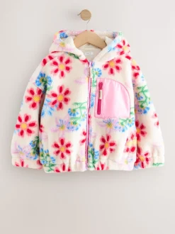 Écru/rose à fleurs - Veste en polaire en peau lainée zippée à capuche (3-16ans)