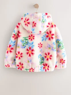 Écru/rose à fleurs - Veste en polaire en peau lainée zippée à capuche (3-16ans)