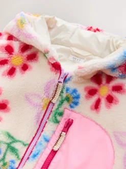 Écru/rose à fleurs - Veste en polaire en peau lainée zippée à capuche (3-16ans)