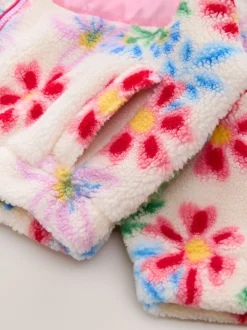 Écru/rose à fleurs - Veste en polaire en peau lainée zippée à capuche (3-16ans)