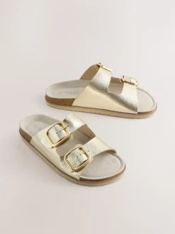 Cuir doré - Sandales à double bride avec semelle plantaire