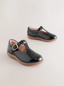Cuir noir verni - Chaussures premiers pas avec barre en T à fermeture par contact