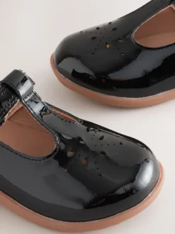 Cuir noir verni - Chaussures premiers pas avec barre en T à fermeture par contact